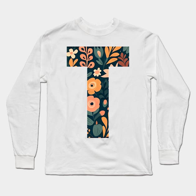 Whimsical Floral Letter T Long Sleeve T-Shirt by BotanicalWoe